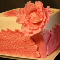 Lace Peony Square Cake 8" Square cake, covered in fondant, pink peony, lace wrap