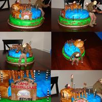 Jason Themed Birthday Cake Box Fondant, painted w/ colored water. Colored fondant for border & marbled fondant for Sign. Printed painting on sign. Decorators...