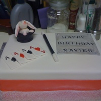 Magic Birthday Cake Chocolate and vanilla layer cake with vanilla buttercream covered in MMF. The bunny and the hat were gumpaste and the rest of the...