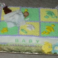 Last Minute Baby Shower baby and baby stuff is fondant and the cake iced in buttercream.