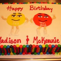 M & M Cake this is a half sheet cake for twin girls celebrating their 2nd birthday. all is buttercream and real m & m's as the border.