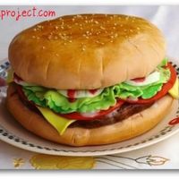 Burger Cake The buns are made from 7" round butter cake, cut into half and wrap with fondant. The fillings are all fondant too.