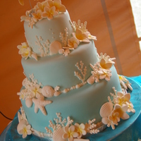 Ocean Themed Cake 3 tiers, fondant, fondant shells, flowers and coral...