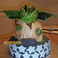 Yoda I used the teddy bear pan, and carved out the cake. Yoda sits on another cake. Covered in fondant, with fondant ears. The ears are way too...