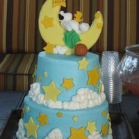 Baby Snoopy Shower Cake 8" & 6" buttercream cake. Top tier is turtle (chocolate fudge with caramel and pecan filling), bottom tier is Raspberry swirl...