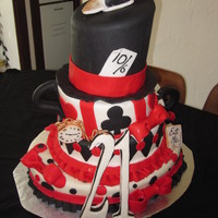 Alice In Wonderland This was my daughter's 21st birhtday cake, she loves Alice in Wonderland. Cake was coverered with mm fondant, the clock shows her...