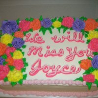 Going Away Cake Double layer 1/2 & 1/2 chocolate/vanilla cake filled with Italian Cream -quarter sheet. Made for a lady leaving our school cafeteria......