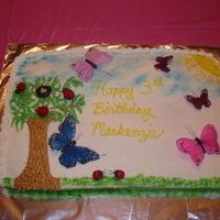 Summer Scene Cake Sheet cake with Silk Butterflies, silk birds in the tree and silk ladybugs This cake was for my granddaugters Birthday