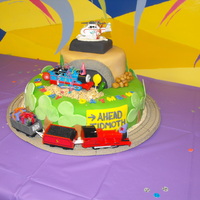 Thomas The Train Cake I made this for my son's 3rd birthday the trains are toys and the red train (james) is motorized to drive around the cake.