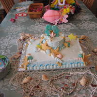 Ocean Theme Wedding Shower Sheet cake with 6 inch tier iced with French Buttercream. Handmolded fondant fish, sea horses, starfish, and chocolate seashells decorate...