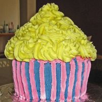 Wilton Shaped Pan Giant Cupcake Fun pan. When using a pound cake the pan needs to be well over 3/4 full so it rises high enough. This was a little too shallow. The cake...