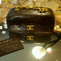 Chanel Purse Red velvet cake with chocolate fondant, gumpaste accents and poured sugar necklace. Name plaque made from fondant pressed with a pattern...