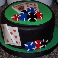 Poker Birthday Cake Butter cake layered with chocolate buttercream, covered in fondant. Cards were edible images and poker chips were fondant. TFL.