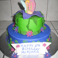 Tinkerbell Cake Tinkerbell cake iced in buttercream. Flowers, leaves, plaque, and vines all fondant. Tinkerbell was a candle.