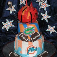 Sports Cake A cake of 3 Miami teams. The Dolphins, Gators and the Heat. This cake was made for 3 girls who are sports fanatics. The logos were made...