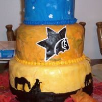 S.t.a.r.s. Barn Dance Cake Made to look like a fading sunset. Bottom cake is chocolate fudge with raspberry filling, middle cake is pumpkin spice with pumpkin cream...