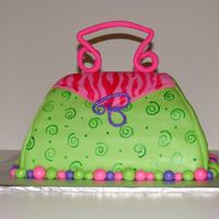 570.jpg Fun purse cake! Butter cake with buttercream covered in MM fondant. Hand painted zebra stripes and green swirls. Gumpaste handle.