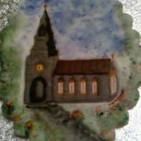 Church Plaque this is a plaque of a church design ,,,, the background hand painted in,,, and placed on a cake with the background painted in all around...