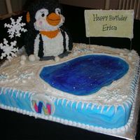 Webkinz Penguin Cake a yellow cake mix with banana/vanilla custar filling decorated wtih fondant and butter cream. The Wilton 3D bear cake pan was used to...