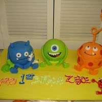 Monster Birthday the center cake was baked in a ball shaped pan and covered in rolled fondant , the other two are 6" cakes (2 layer) covered in fondant...