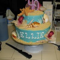 Beach Bum Birthday Cake I decorated this cake in butter cream icing with vanilla wafers that I blended finally for the sand, the flowers and shells all were bought...