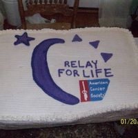 Relay For Life Cake 4 12 x 18 cakes stacked with BC filling and also covered in BC. I did the American Cancer Society in MMF and royal icing. The other...