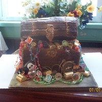 Pirate's Treasre Chest All chocolate cake, buttercream filling and covering, lots of edible candy and plastic accent (keep-able) peices. Later at the party there...