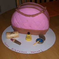 000_0258.jpg Purse cake for a friend at work....Perfume bottle is made of sugar, eye shadow is actually a cookie. lipstick case is a yodel covered with...