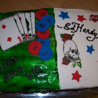 Texas Hold-Em/ed Hardy I made this cake for my 2 BFFs who work with me. Combination Poker and Ed Hardy.The cards, poker chips, skeleton, heart were all mhand made...