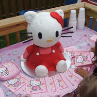 Hello Kitty Done for a birthday party. The bottom is all cake (turtle flavored). The head is styrofoam. Arms, legs and ears are RKT.