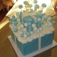 Tiffany Pop Cake This was for my cousin. She wanted a Tiffany's theme. The Tiffany boxes are foam covered in modeling chocolate. The cake pops are...