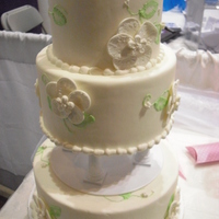 Brush Embroidery Fondant covered 4" thick 10", 8", 6" tiers. Fondant/gumpaste mix flowers and brush embroidery technique with royal...