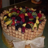 Fruit Basket Cake Chocolate fudge cake w/ choc pudding filling & choc amaretto icing; pirouline cookies & fresh fruit. Non-edible bow