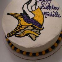 Michelle's Minnesota Vikings Birthday Cake Three 9x1" layers of Pumpkin cake (Pumpkin Cake I from AllRecipes, HIGHLY recommended). Frosted and decorated with vanilla BC. Made...