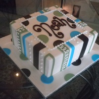 Dots And Stripes Baby Shower 10-inch square cake iced in white buttercream with green, brown, and blue fondant dots and stripes.