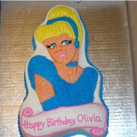 Cinderella Cinderella cake made with a wilton pan. White cake with bc frosting. I didnt like how here nose came out. My aunt loved it anyway. Thanks...