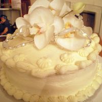 White Elegance White french vanilla cake, vanilla butter cream frosting. Orchids, and beading.