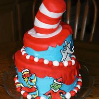 Dr. Seuss! colorflow characters, the hat is made of rice crispies and covered in fondant. the red is fondant along with the boarder. the blue is just...