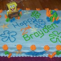 Sponge Bob Birthday All decorations but starfish are buttercream. The starfish are fondant. Chocolate with raspberry filling.