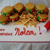 Burgers And Fries Vanilla buns, chocolate fudge cake patties. BC condiments. Pound cake fries. I bake the buns in a muffin top pan. I do the patties in a...