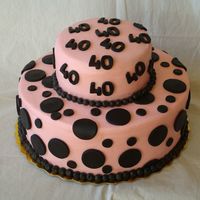 40Th Birthday My first stacked cake. Pink buttercream with black fondant polka dots and 40's. Black buttercream beads.
