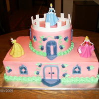 Princess Cake Not my favorite cake, but I learned a lot putting it together. Buttercream with fondant border on top of the turret. Plastic princesses.