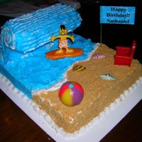 Surfer Dude Birthday Cake I made this for a 9 year old boy's surfing party. The mom wanted the wave to stand up on the cake, so I used a loaf cak turned on it&#...