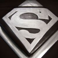Superman 12x12 Yellow Cake cut to shape, bc fill, Chocolate Fondant colored black with a Silver Superman logo. used MMF dyed grey painted silver....