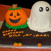 Casper And Friend Cake ball pumpkin in French Vanilla, Casper is 2 6in and 1/2 ball cake in chocolate w/ a chocolate 11x15. Rhondas Ultimate MMF and True...