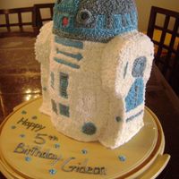 R2D2 Chocolate cake with chocolate ganache. BC. Legs are also cake. Little eye is a piece of red candy.