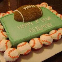 Football Baseball This cake is Confetti with BC. Football is a half egg pan. Then baseball cupcakes bordering it.