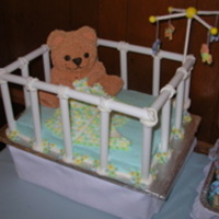 Baby Shower Crib Cake #1 My first version of this cake, sheet cake 'mattress' iced in buttercream, Wilton stand up bear pan used for bear cake. Dowel rod...