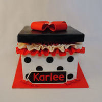 Present BC bottom base icing, fondant covered lid, bow, dots, tag and tissue paper, can't see from the pic but made the 5 loop bow for the...