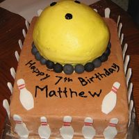 Bowling Ball And Pins This was for my son's birthday party which was at a bowling alley. BC frosting with fondant accents. The ball didn't stay...